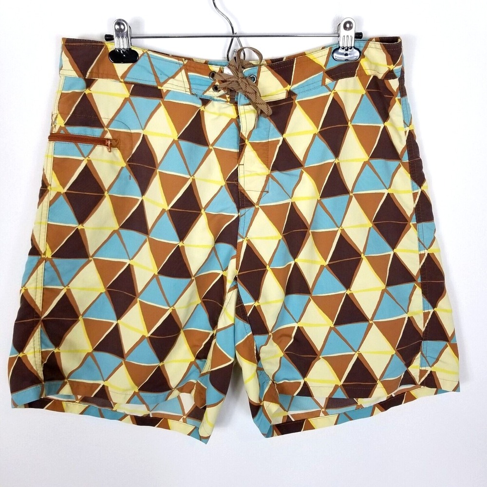 Patagonia Men Size 36 Brown Geometric Swim Trunk Board Shorts Logo Zip Pocket